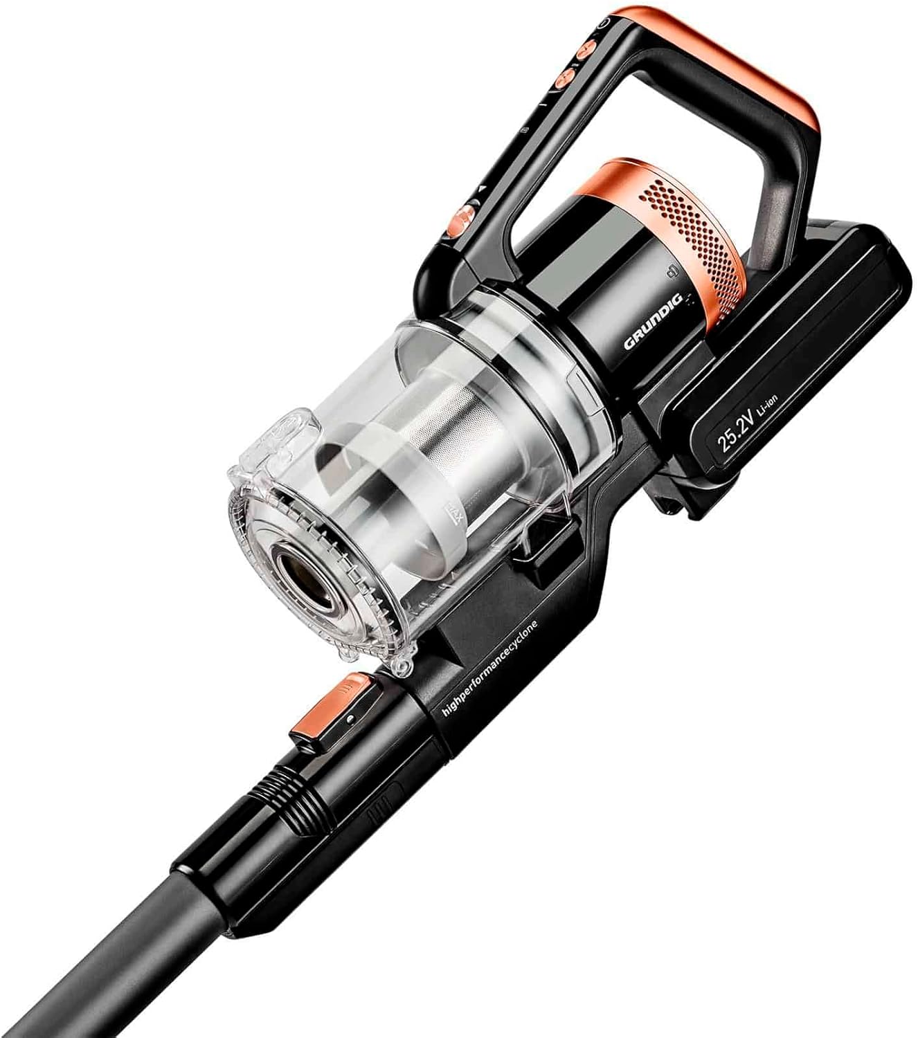 GRUNDIG VCP 5030 3-in-1 Akku Stielstaubsauger mit Wischfunktion, 3 Saugkraftstufen, 25, 2 Volt Li-Ion Akku, 700 ml Staubaufnahmevolumen, bis zu 45 Minuten Betriebszeit, 81 Dezibel, Schwarz / Kupfer