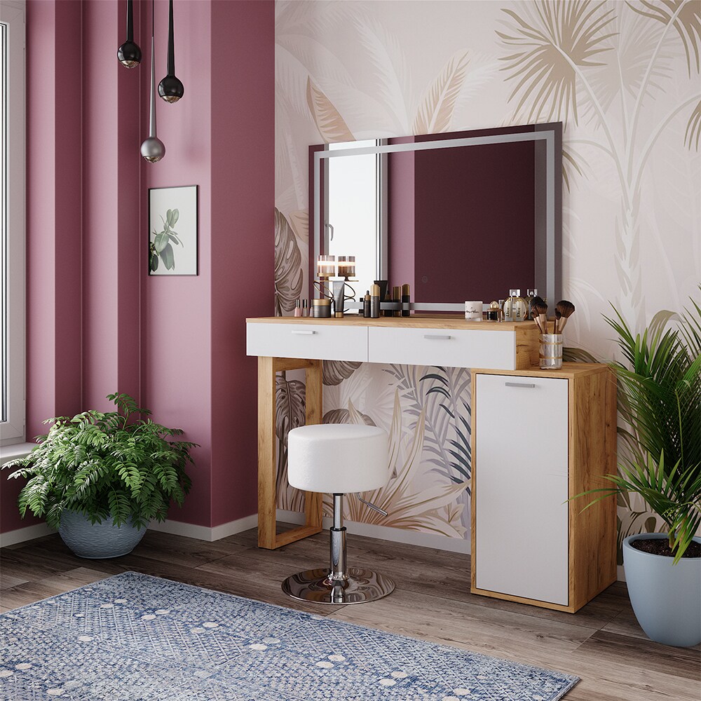 Vicco Schminktisch Regina Eiche Weiß 130 cm mit LED-Spiegel und Hocker