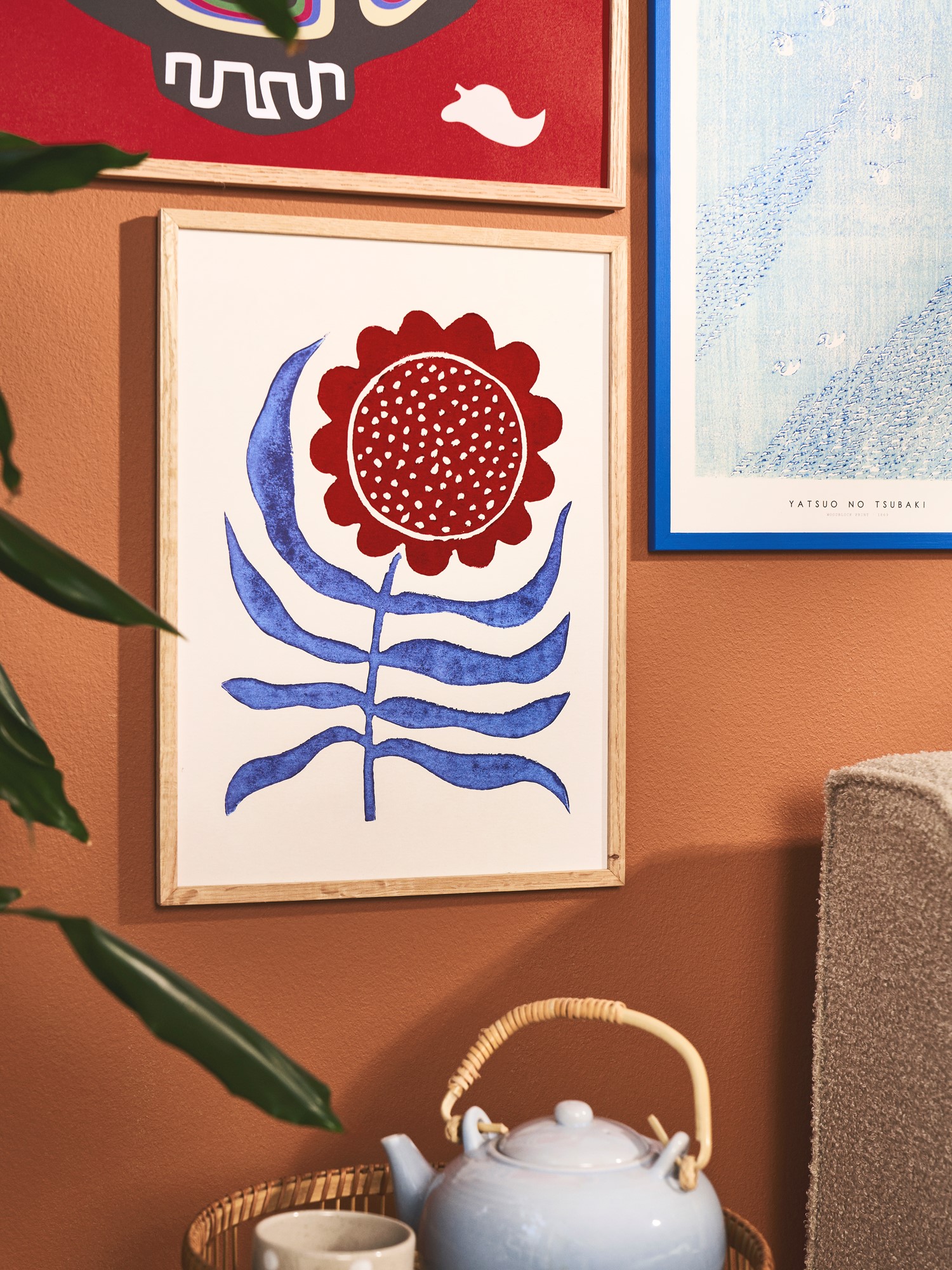 Plakat Red Flower / Lino Print A3 | Alisa Galitsyna. | Tomato Red, Blue | Poster and Frame