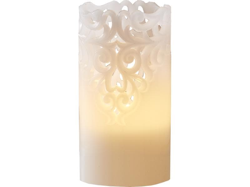 Star Trading LED-Kerze Pillar Clary Ø 8 x 15 cm, Weiss LED-Wachskerze mit Ornamenten