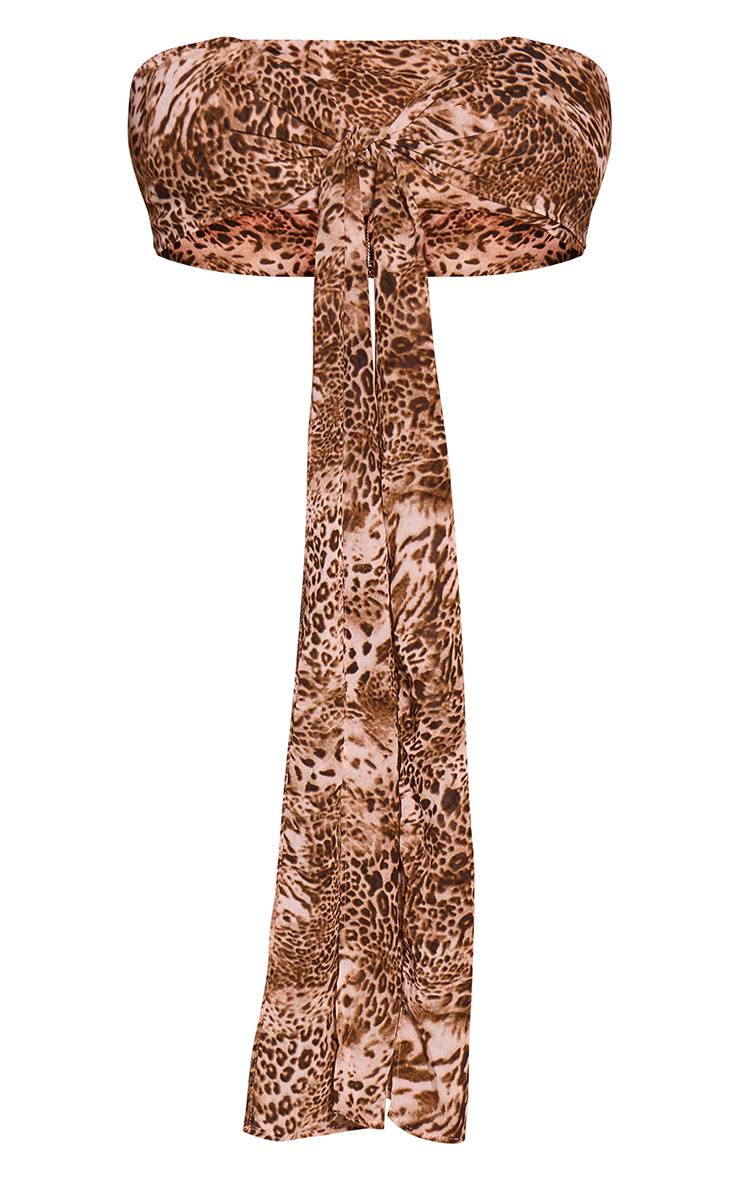 Marron Haut Bandeau Imprimé Léopard En Mousseline Avec Détail Nœud Coordonné