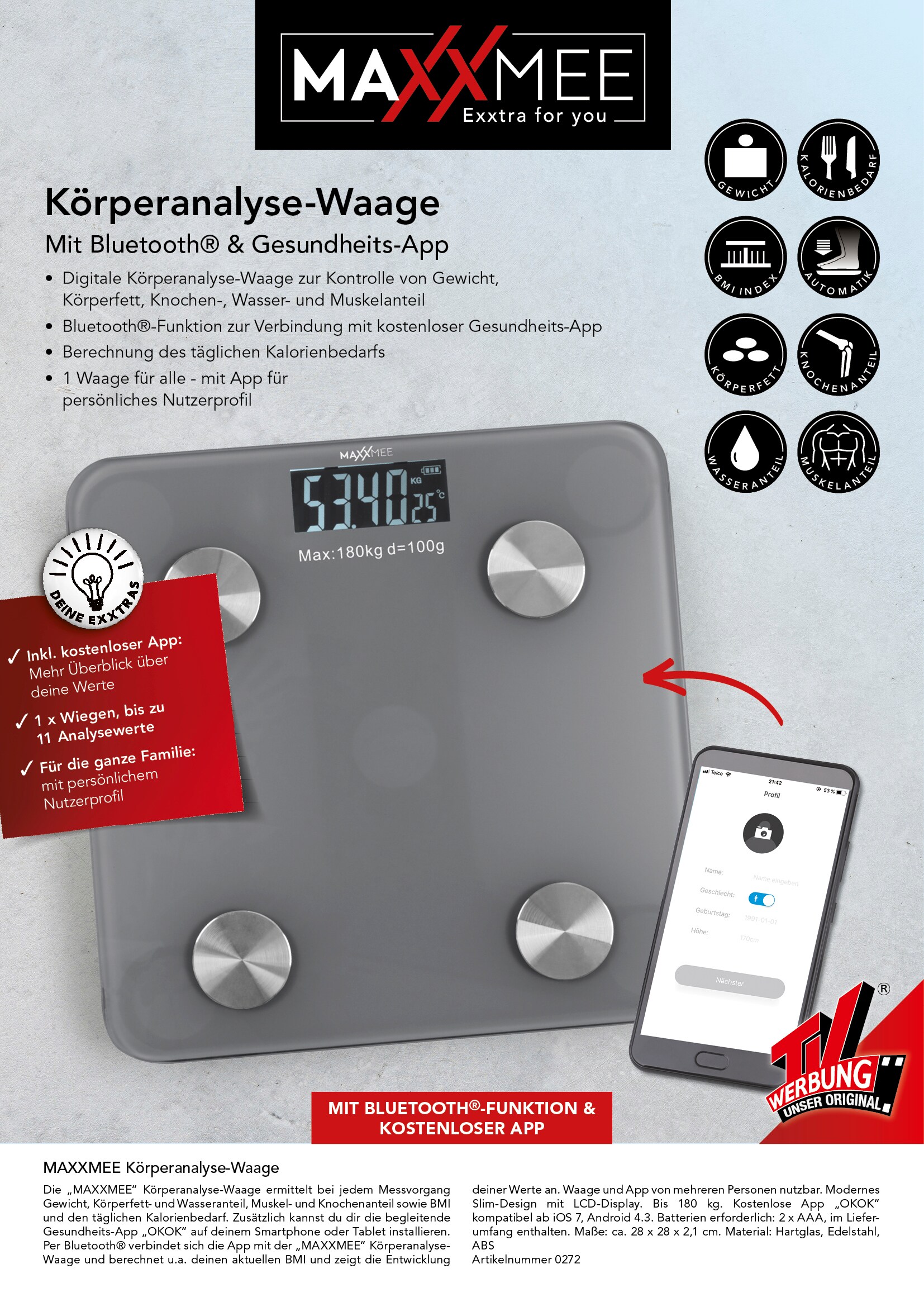 MAXXMEE Personen-Waage Körperanalyse 3V