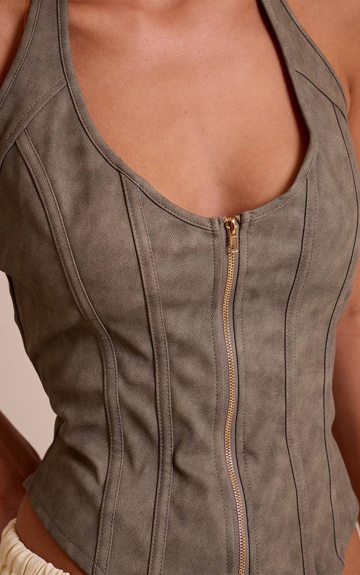Vert Olive Corset À Baleines En Synthétiquecuir Texturé Avec Ourlet Plongeant