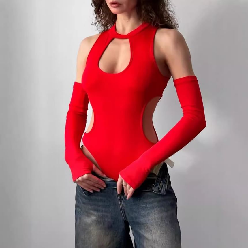 Alizio - Set: Mouwloos, getailleerd bodysuit met effen uitsnijding en lange handschoenen