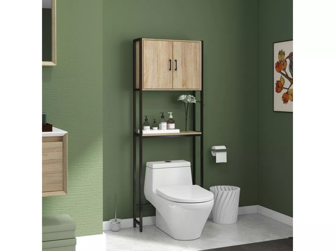 Meuble WC meuble dessus toilettes style industriel 2 portes 2 étagères acier noir aspect chêne clair