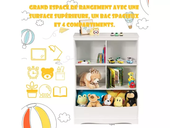 Meuble de Rangement pour Jouets à 3 Niveaux avec 4 Compartiments Ouverts et un Bac, Bibliothèque pour Enfants, 67 x 40 x 88,5 CM (L x l x H), Blanc