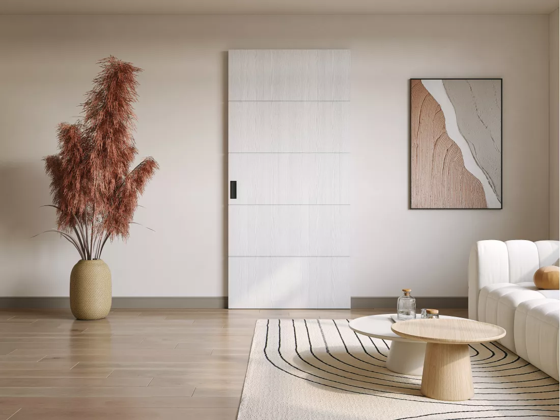 Porte coulissante en bois et MDF avec rail invisible - Blanc - 83 x 210 cm - SOMIRI