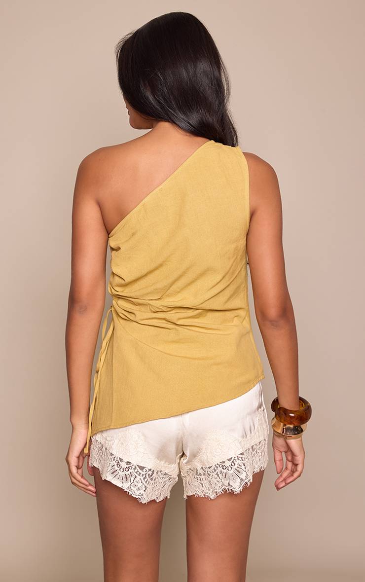Vert Olive Haut Asymétrique Froncé En Mélange Coton Lin