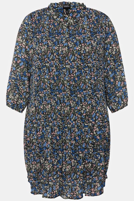 Plissee-Minikleid, Blüten, Rüschen, Stehkragen, 3/4-Arm