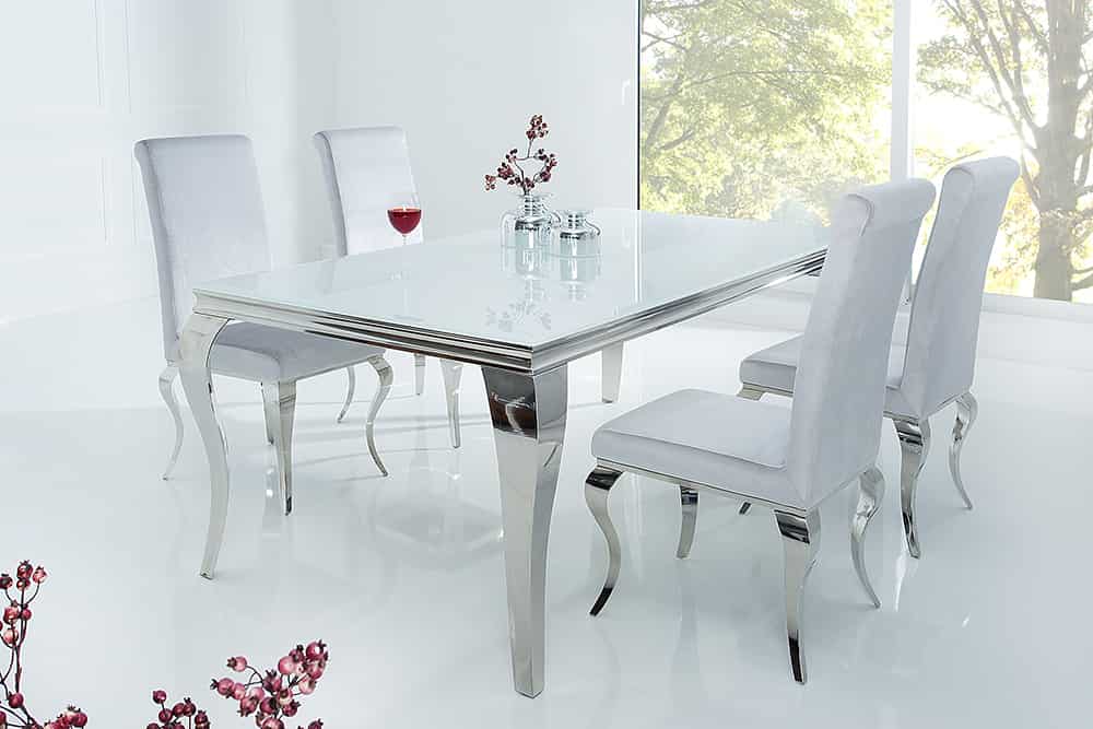 Eleganter Design Esstisch MODERN BAROCK 180cm weiß Edelstahl Opalglas Tischplatte