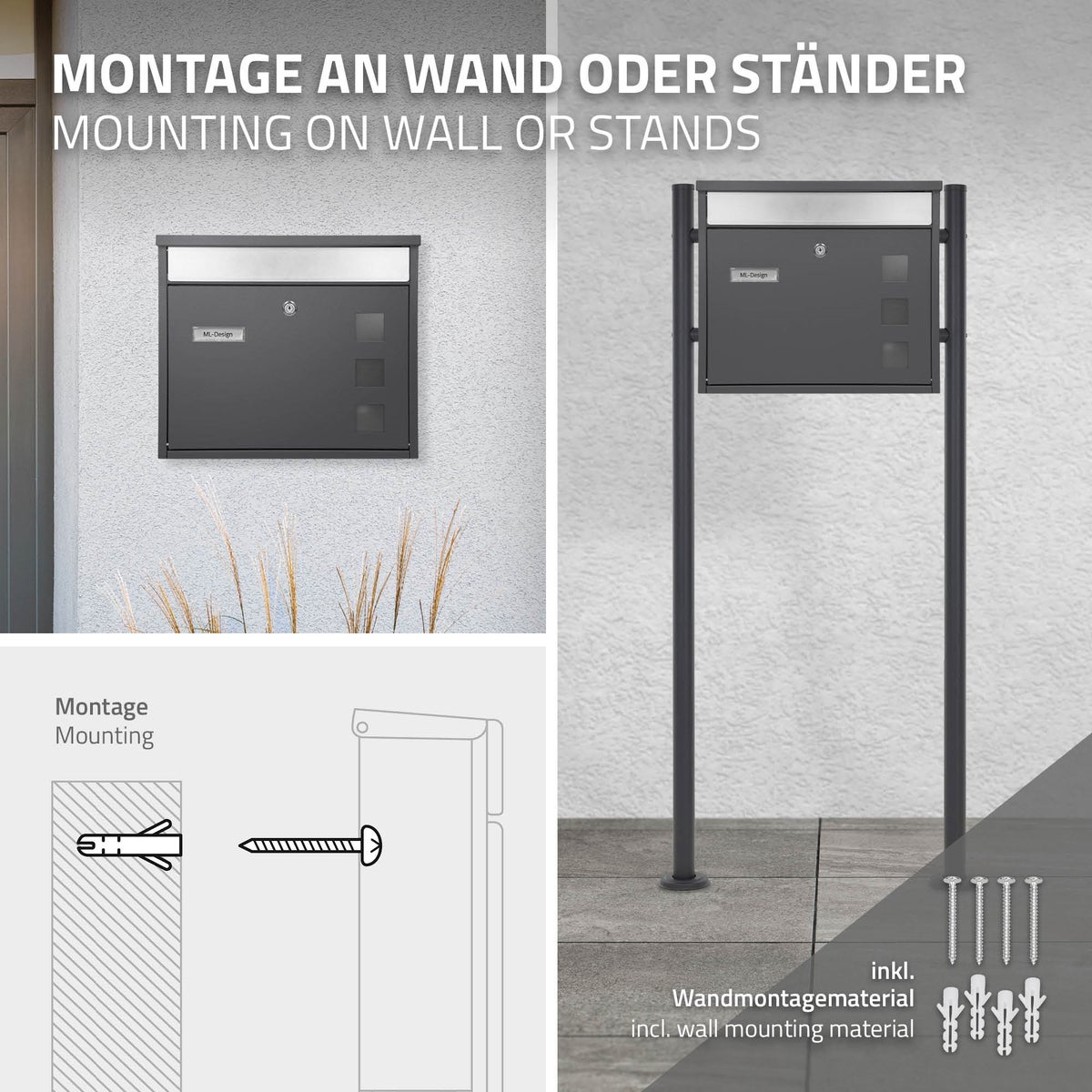 ECD Germany Design brievenbus met paal, vrijstaande brievenbus met naamplaatje, brievenbussysteem, brievenbusstandaard antraciet 120 cm roestvrij staal, brievenbus antraciet-zilver gepoedercoat roestvrij staal