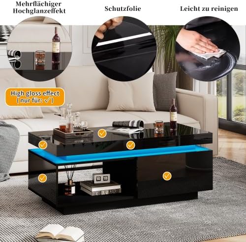 Merax Couchtisch mit LED-Beleuchtung, Hochglanz-Oberfläche, 1 Schublade, 100x50x40 cm, Moderner Sofatisch für Wohnzimmer, Robuster Kaffeetisch, Beistelltisch mit praktischem Stauraum
