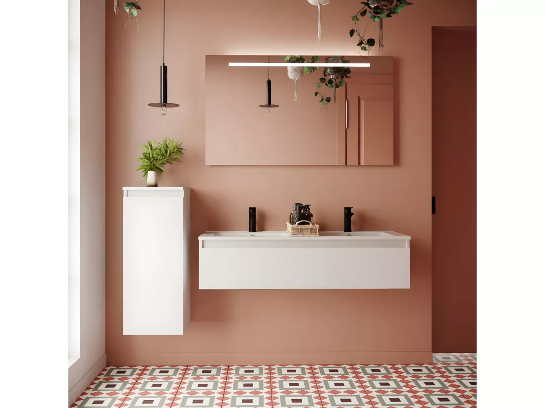 Meuble de salle de bain suspendu double vasque intégrée 120cm 1 tiroir Blanc - Hudson