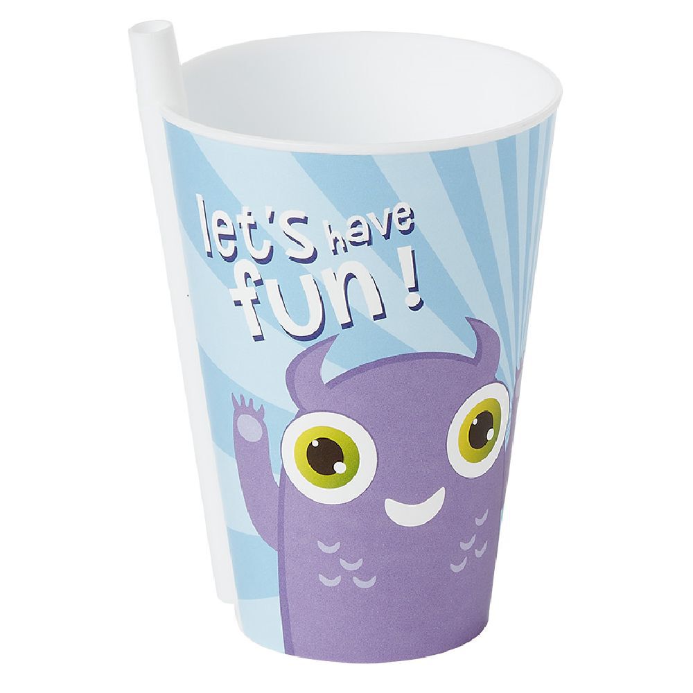 Gobelet avec paille intégrée bleu motif monstre violet Ø9xH13,5cm