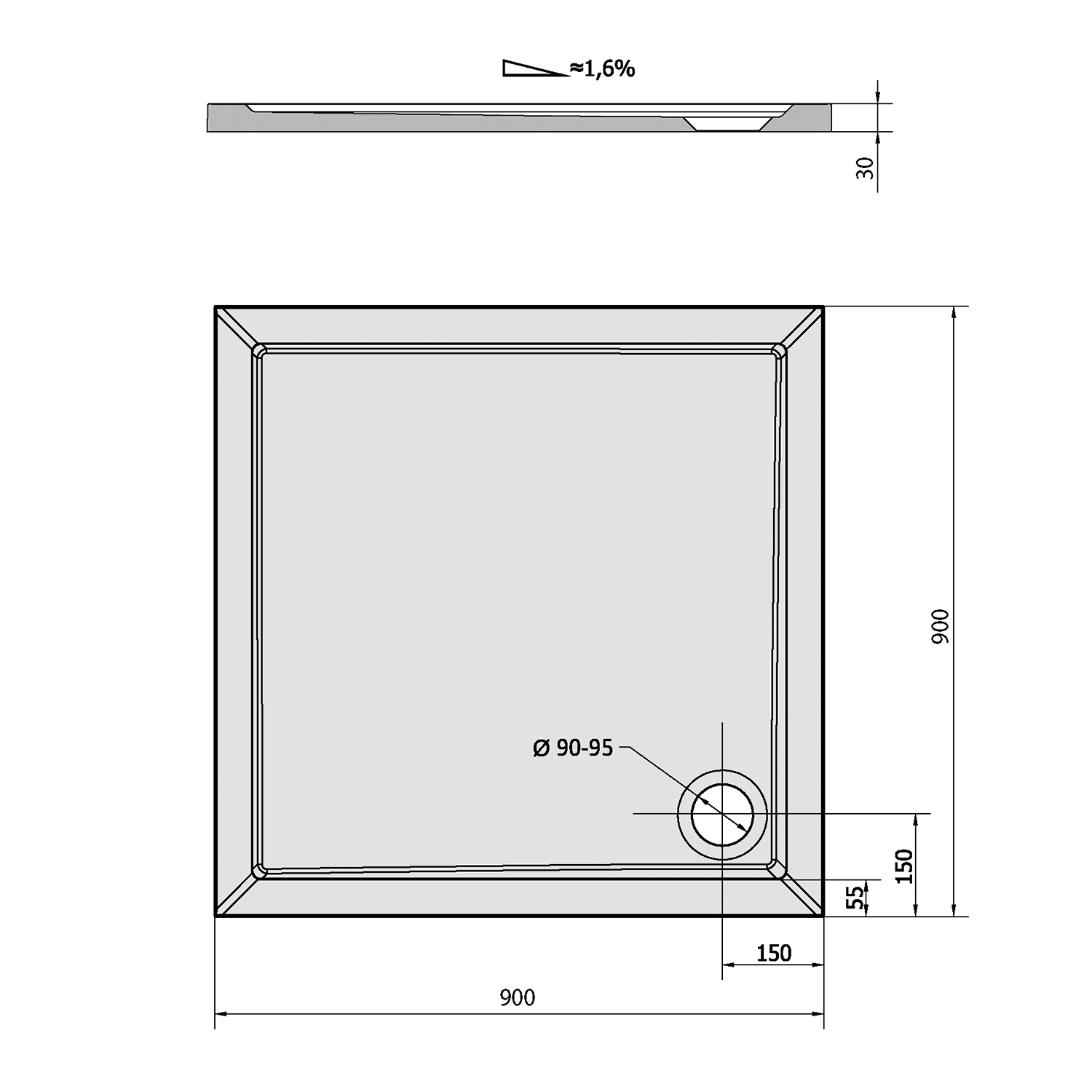 Polysan Aura vierkante douchebak 90x90x3cm wit