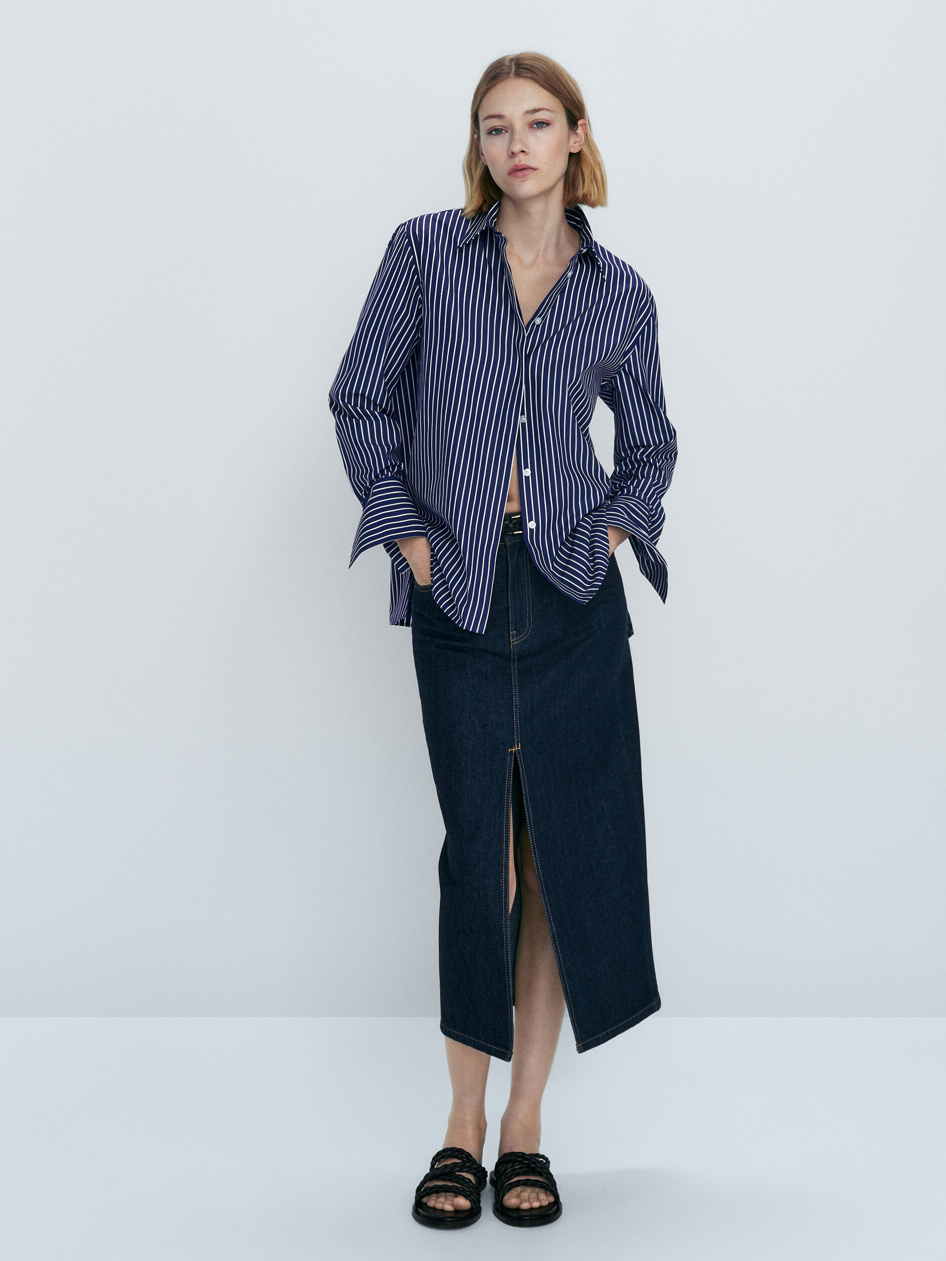 Camisa listrada de algodão popeline - AZUL MARINHO