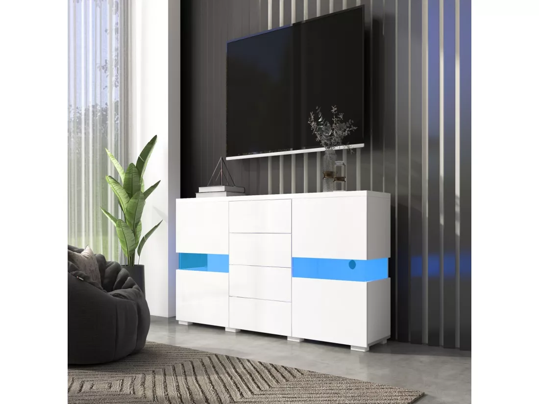 Banc TV 4 tiroirs et 4 portes, avec LED RGB et télécommande, meuble TV alimenté par USB, Blanc, 140x35x72cm