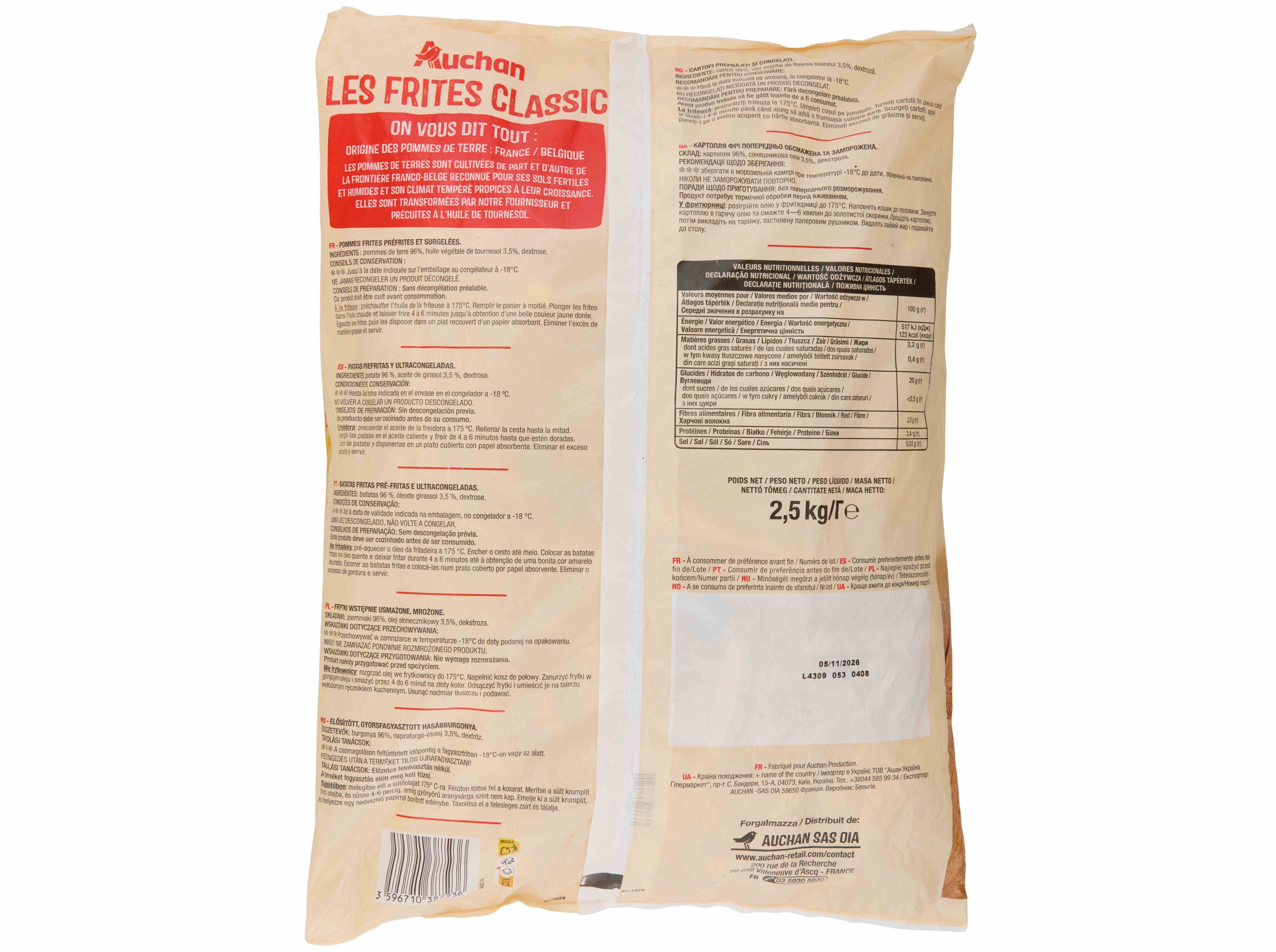 BATATA AUCHAN PRÉ-FRITAS CLASSIC PARA FRITAR 2.5KG