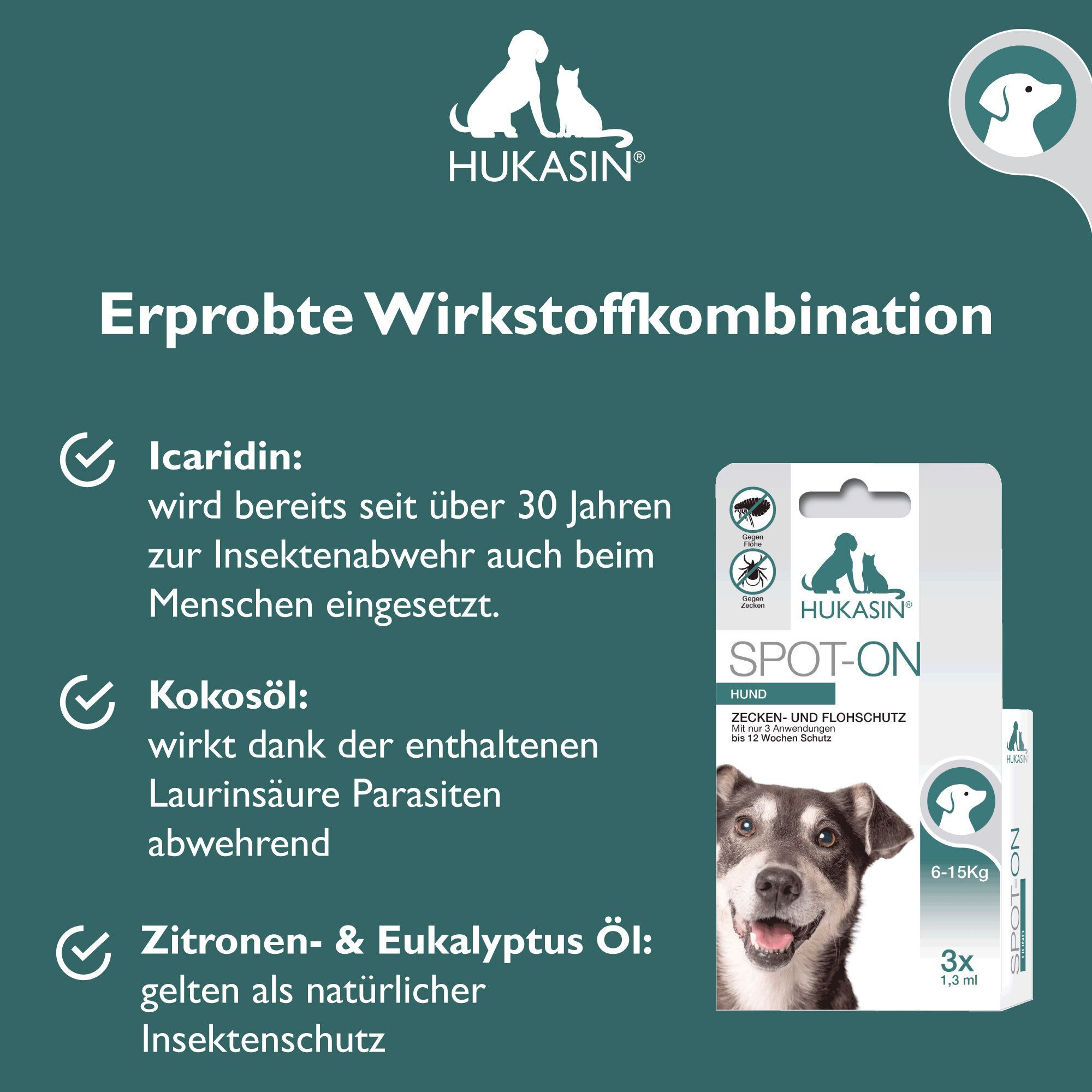 Hukasin® Spot On Hund - Zecken- und Floh Schutz - langanhaltender Zeckenschutz Hund & Flohmittel Hund bis zu 12 Wochen, für die Gesundheit Ihres Hundes