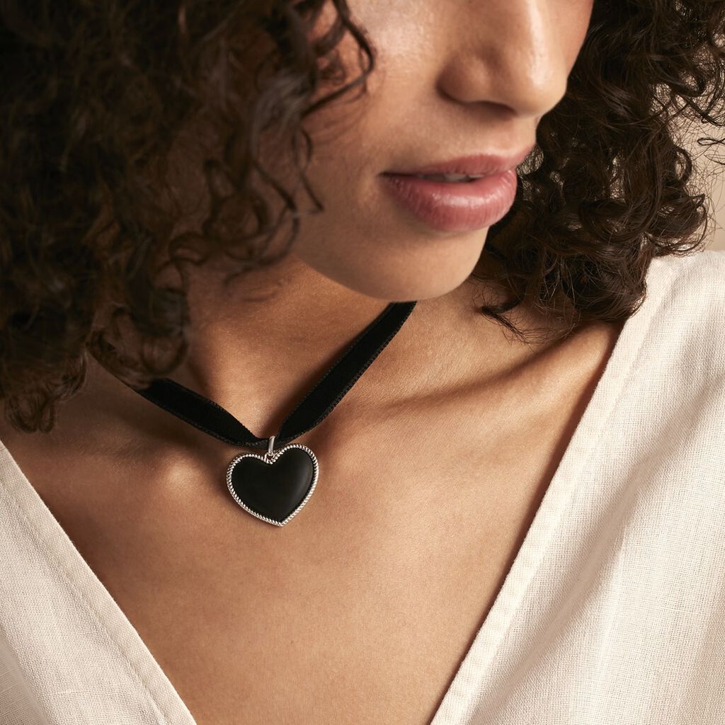 Collier Ras De Cou Argent Blanc Night Cœur Laque Noire