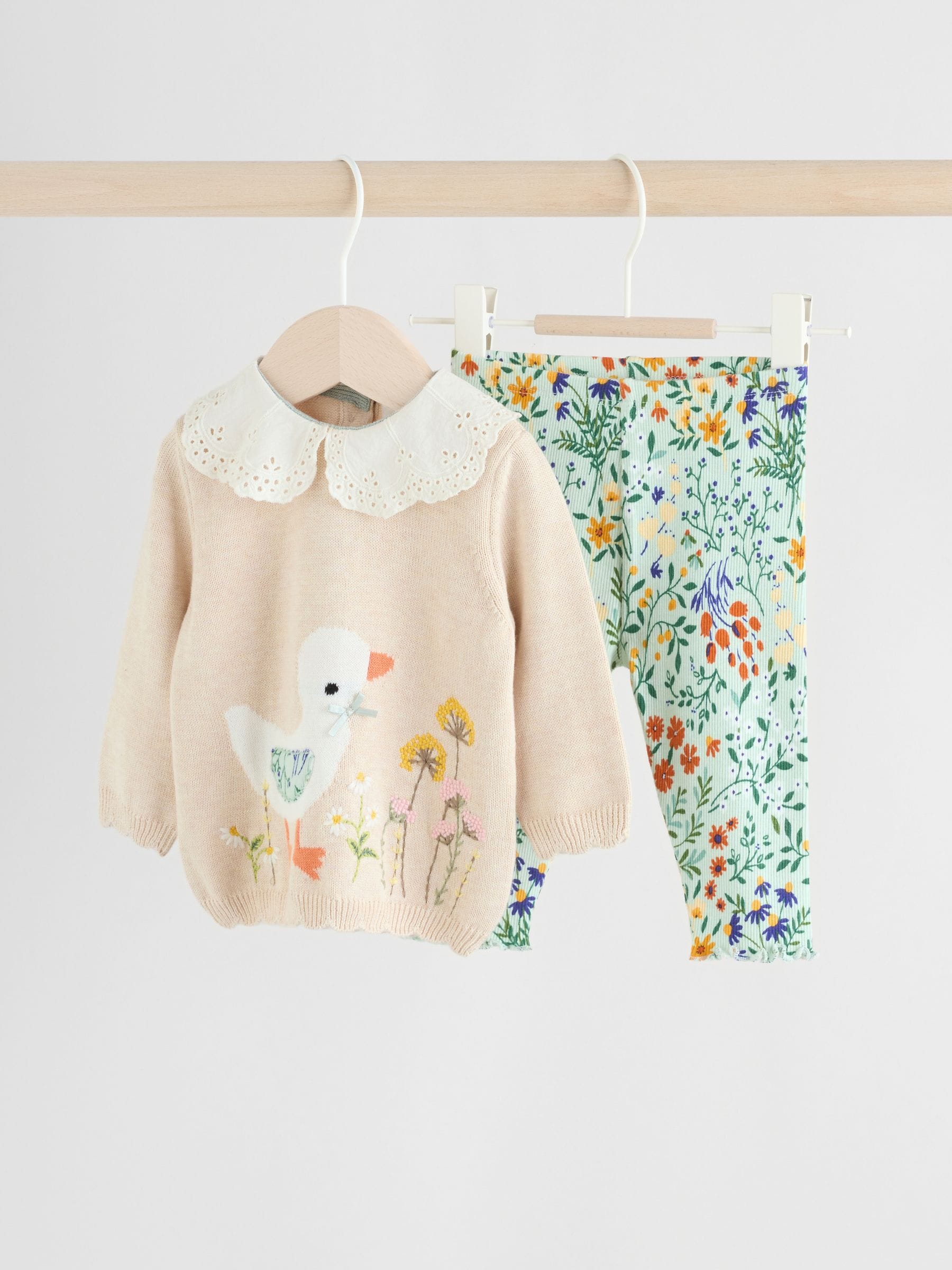 Neutrale Eend/Saliegroen met fijne print - 2 -delige babyset met gebreide trui en legging (0mnd-3jr)