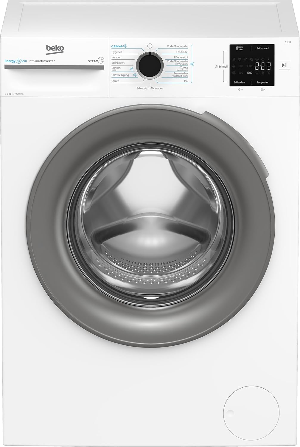 Beko BM3WFU4841W1, Waschmaschine, 8 kg, Frontlader, Waschvollautomat, 1400 U/min, SteamCure Dampffunktion, allergikergeeignet, Weiß