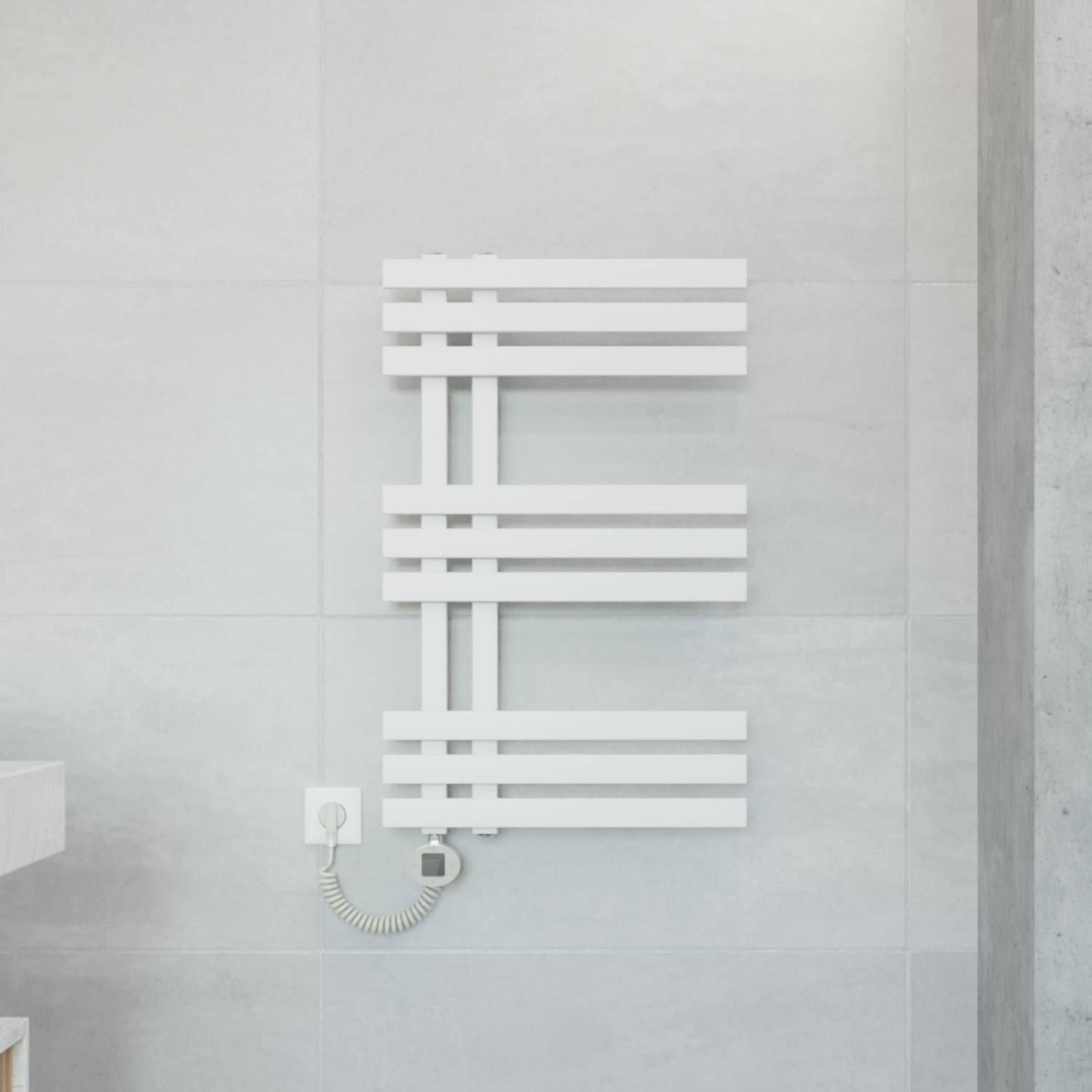 Elektrischer Handtuchheizkörper 'MAJA' mit Heizstab, Design Badheizkörper elektrisch mit WiFi Thermostat seitlich offen Weiß (RAL 9016) / H 80cm x B