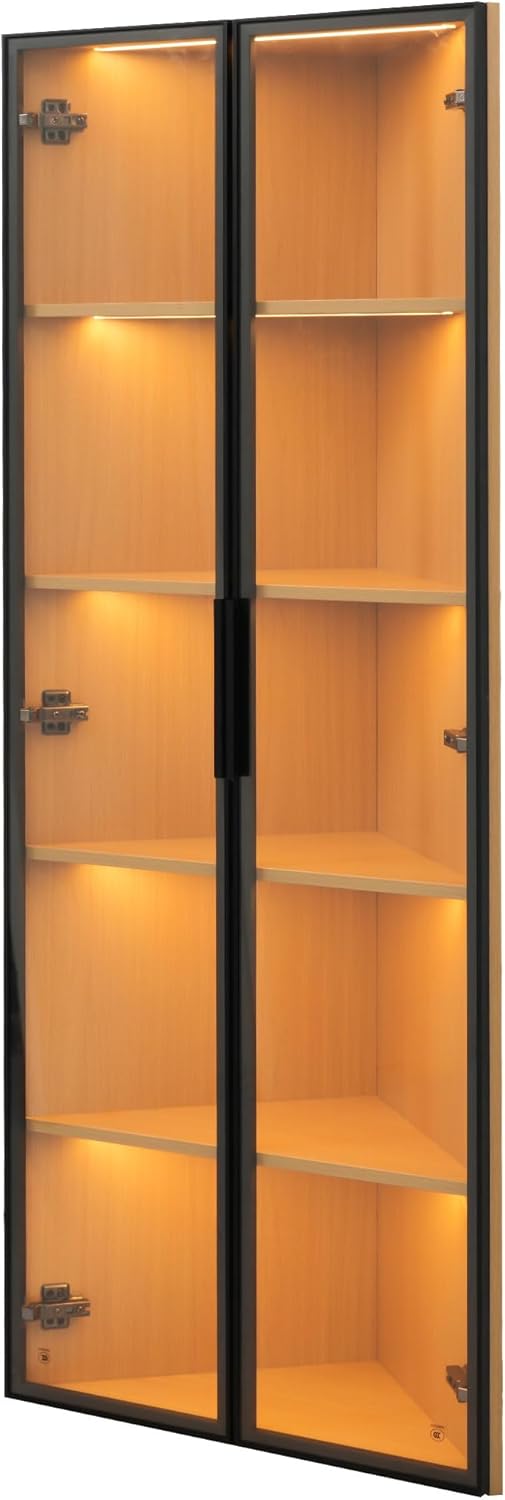 BTM LED Glasvitrine 62x35x160cm Eckvitrine mit Tür – Sammlungsvitrine, Bücherregal, Weinschrank, Badezimmerschrank, Eiche