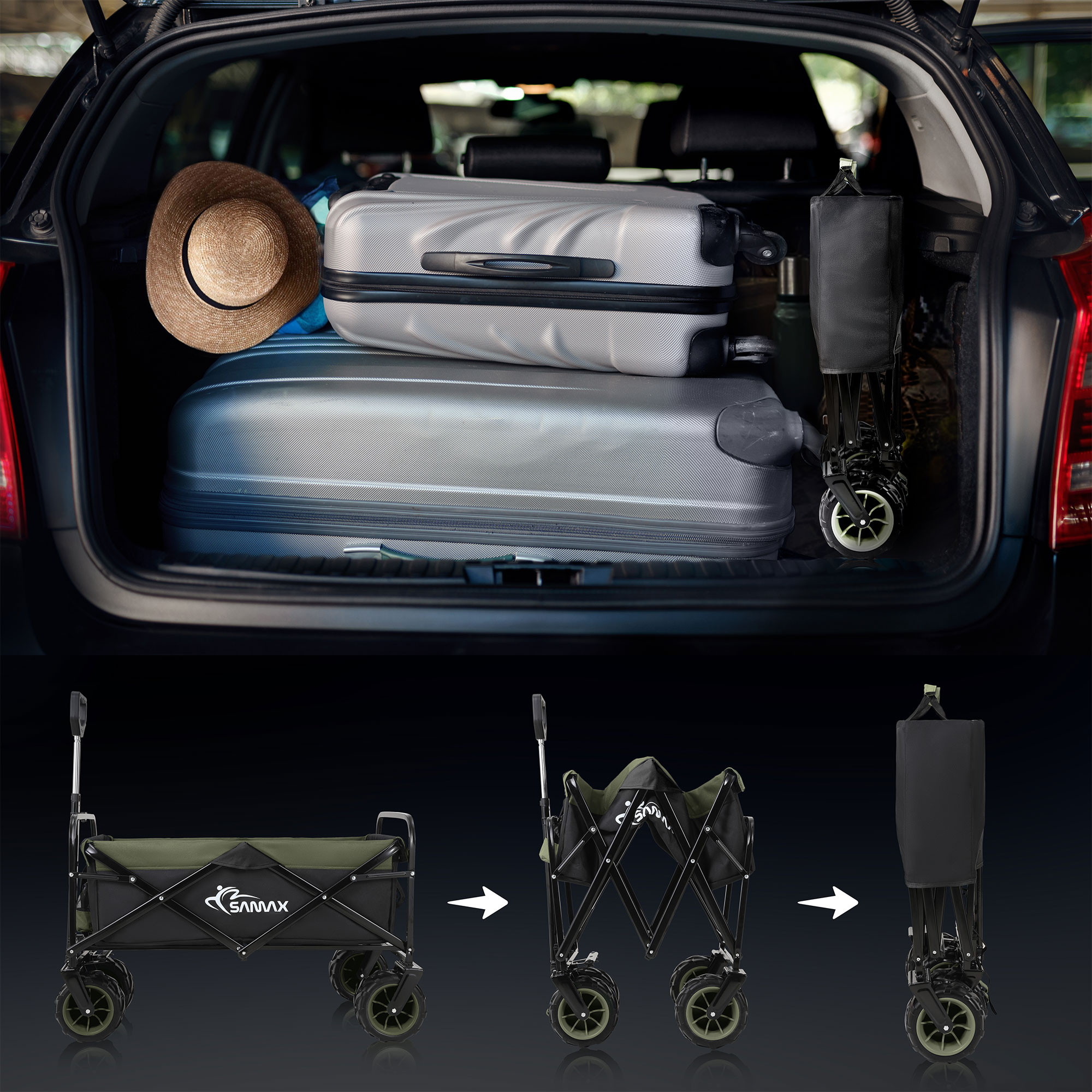 SAMAX Faltbarer Bollerwagen Offroad Camping Edition bis 200 kg - Schwarz / Matcha Grün