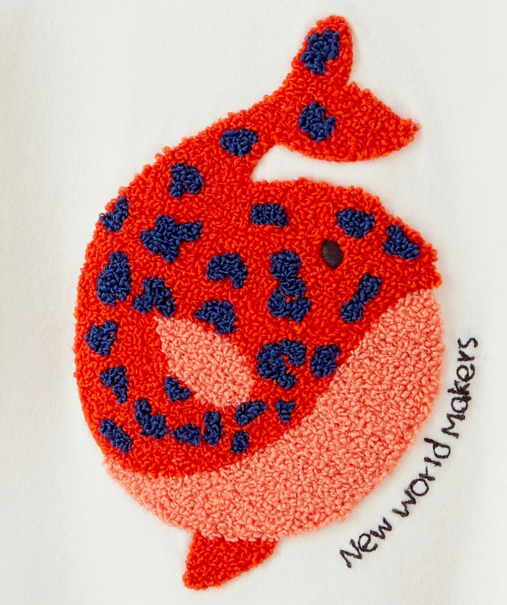 T-SHIRT BÉBÉ FILLE EN COTON BIO ÉCRU AVEC BALEINE EN BOUCLETTE