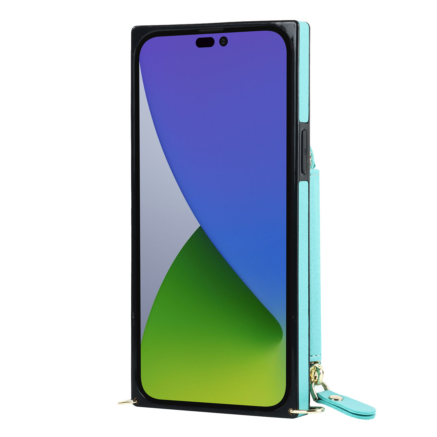 iPhone 14 Pro Necklace Leder Schutz Hülle mit Kartenfächer   Handykette (140cm) - Türkis