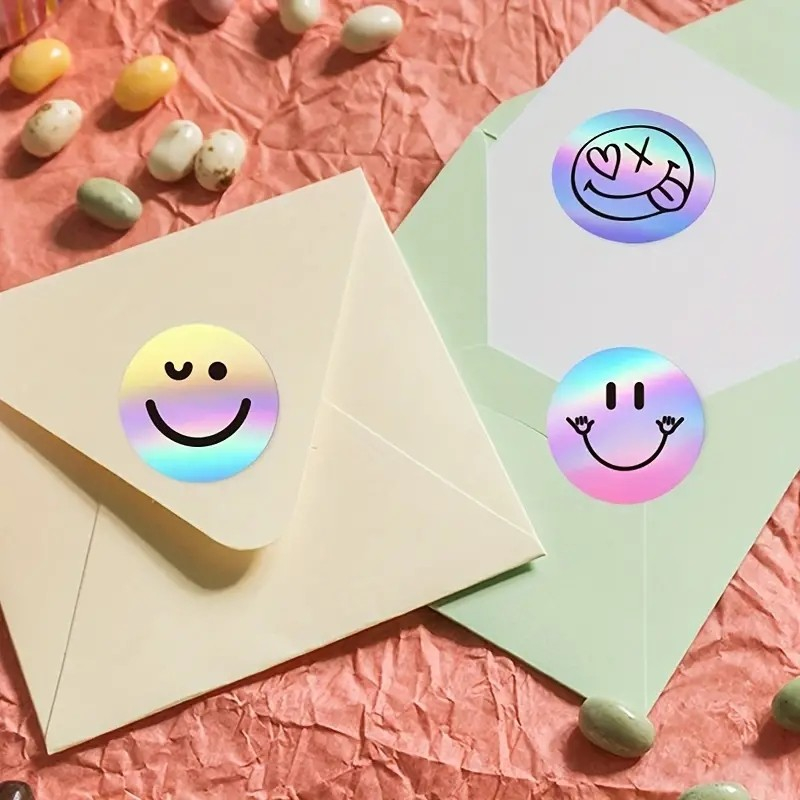 (1 Rolle à 500Stk.) Ø25mm Runde Aufkleber Irisierende Sticker Selbstklebende Lehrer Etiketten - Smileys