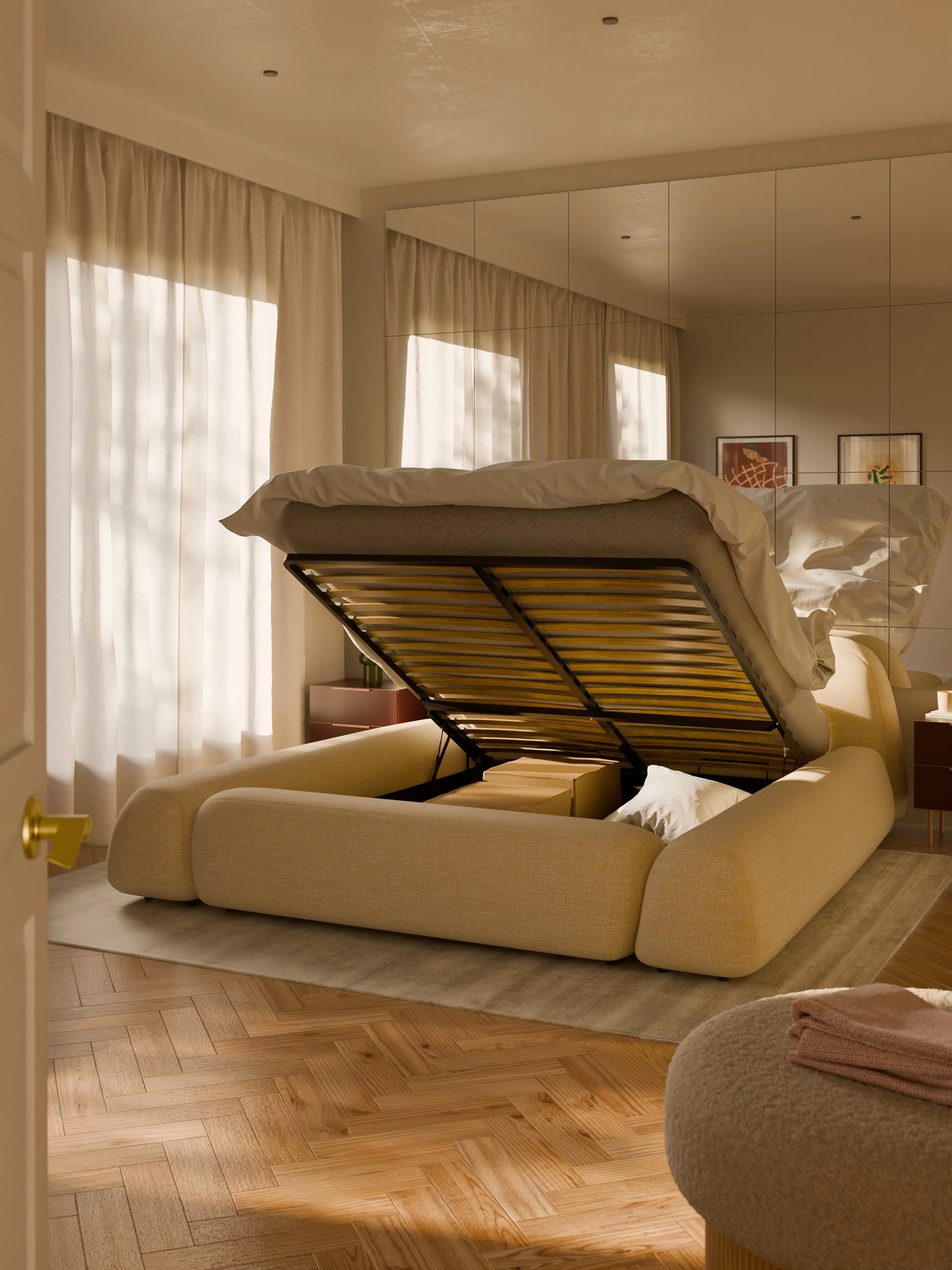 Bouclé gestoffeerd bed Wolke met opbergruimte