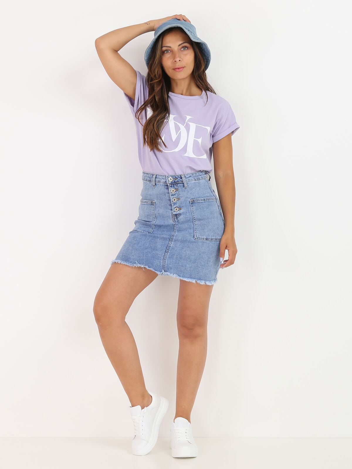 Jupe en jeans effilochée et à boutons- Bleu
