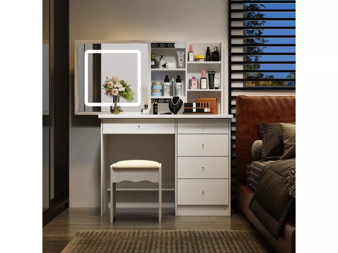 Coiffeuse avec miroir coulissant éclairage tricolore tabouret Salon 5 tiroirs ‎50x100x135.9cm Blanc