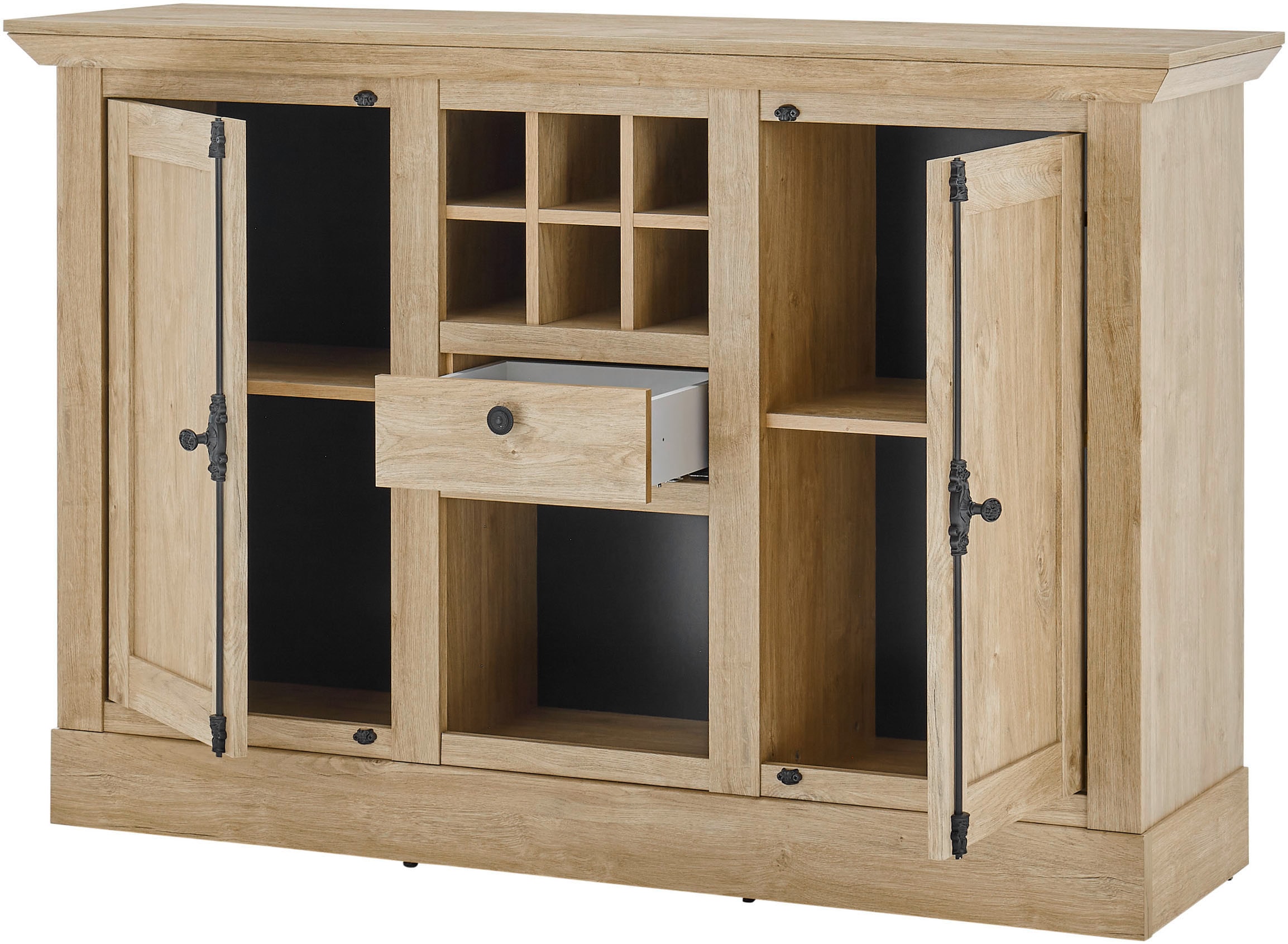 Home affaire Highboard »Cornwall, Kommode im Landhausstil, Schrank, Sideboard, Eiche Dekor« 1 Stk. tlg. verschnörkelte Metallgriffe, ausreichend Stauraum, 152 cm breit
