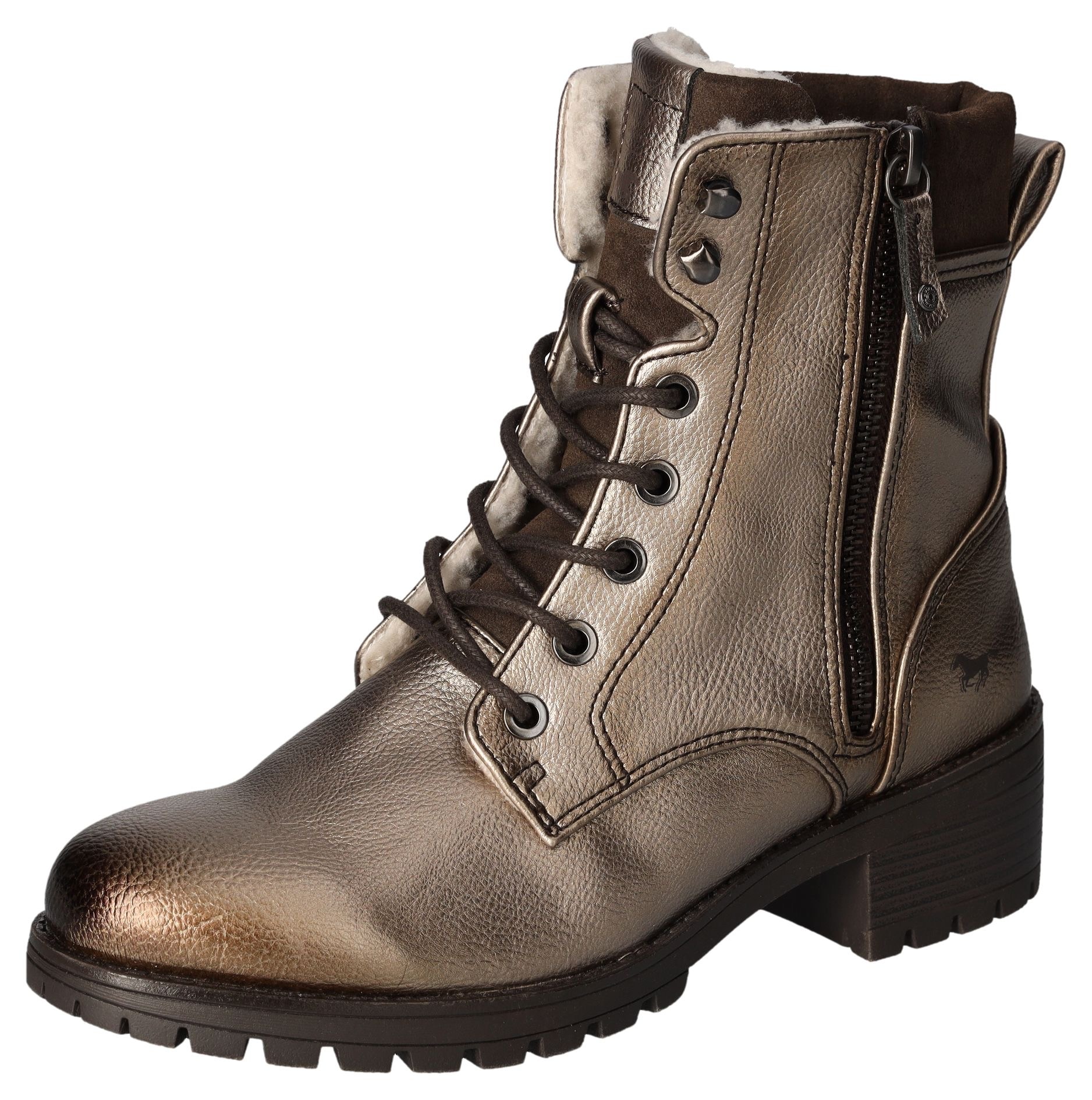 Mustang Shoes Schnürboots  , Schnürstiefelette, Blockabsatz, in Metallic-Optik, schmale Form