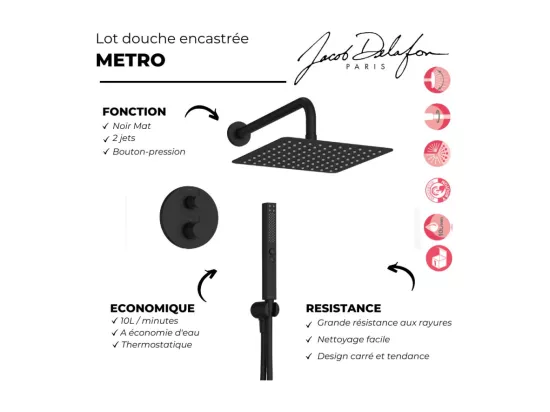 Robinet douche encastré thermostatique JACOB DELAFON Metro carré, Noir mat Economie d'eau