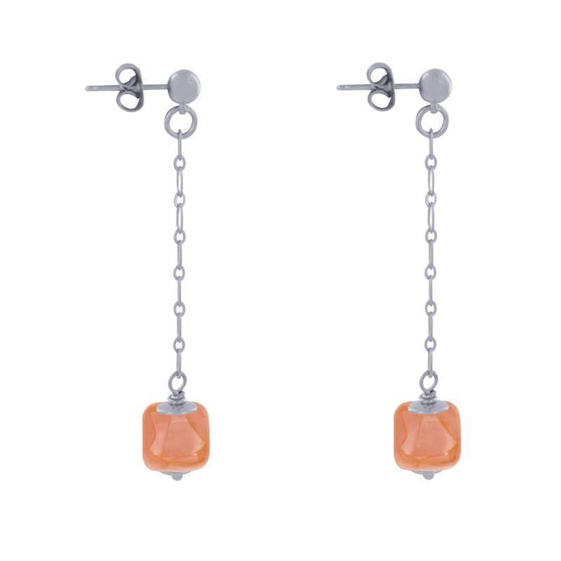 Boucles d'Oreilles Chainette Laiton Argenté et Cube en Céramique