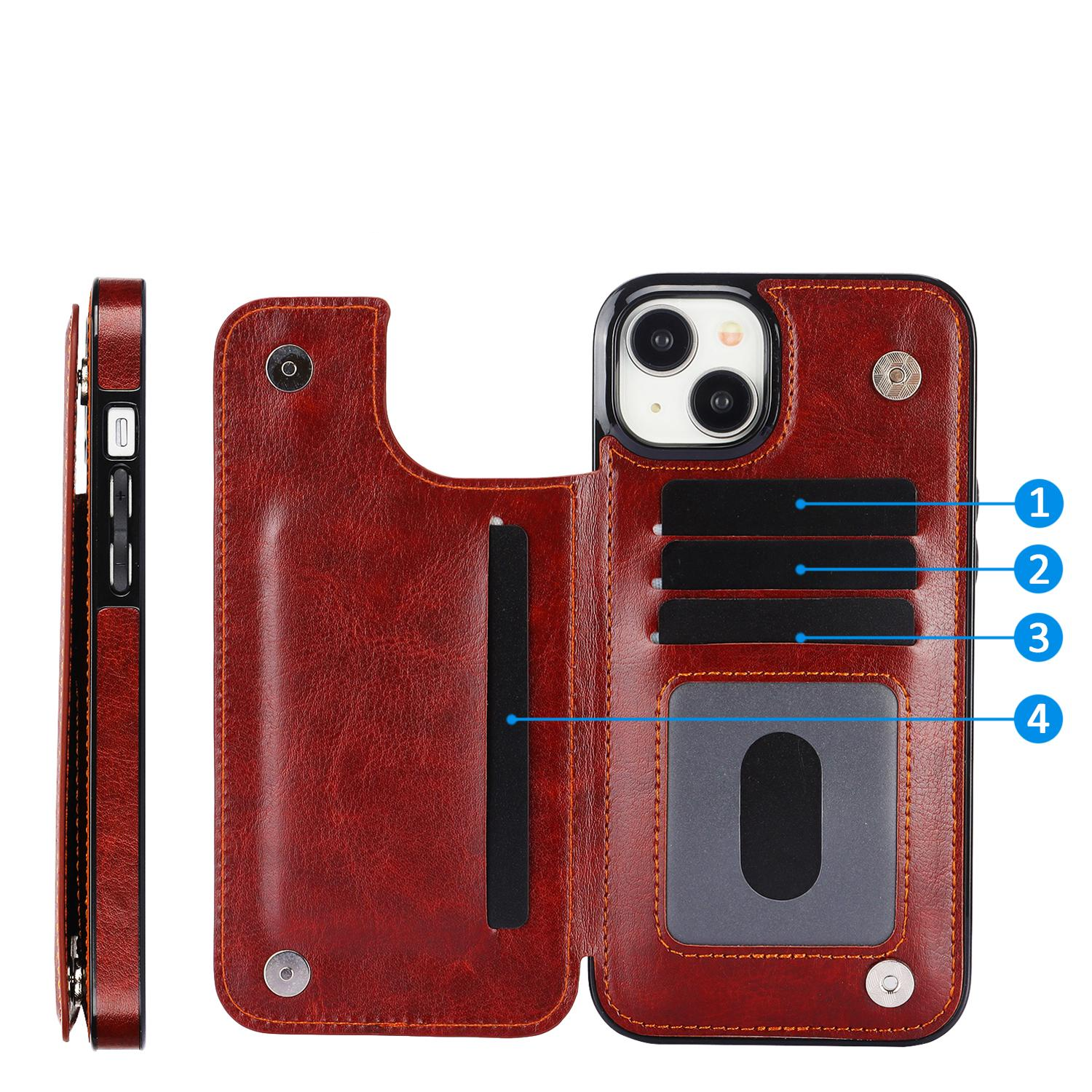 iPhone 15 Hybrid Leder Hülle mit Kartenfach   Kickstand Aufsteller - Braun