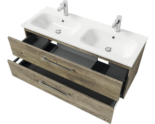 Pelipal Sunline 121 badkamermeubelset (B x H x D): 121 x 50 x 46 cm, frontkleur: Ribbeck eiken, met dubbele wastafel en badmeubel van mineraal gegoten metaal