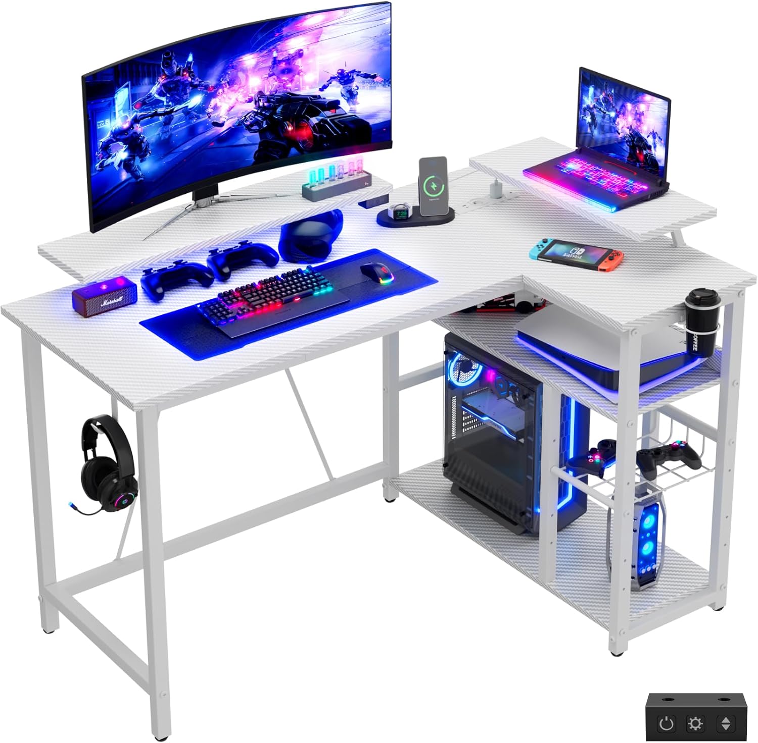 Devoko Gaming-Schreibtisch Ecke 120x80cm mit Doppel-Monitorhalterung, LED-Beleuchtung, höhenverstellbarer Ablage & Carbon-Optik Weiß