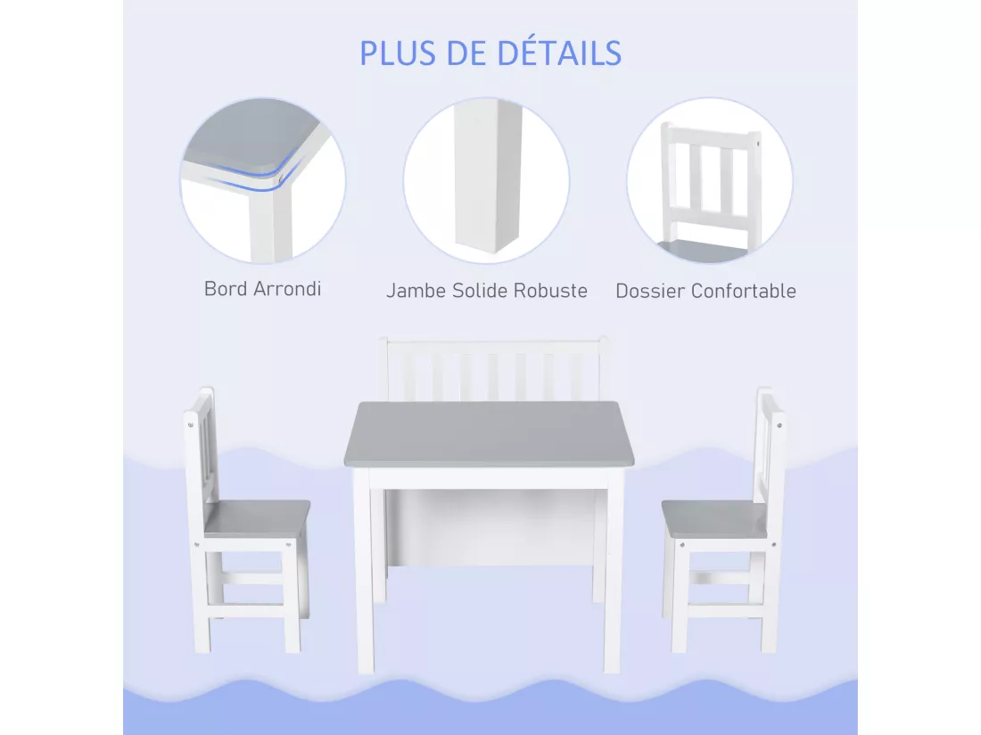 Ensemble de table et chaises enfant - set de 4 pièces - table, 2 chaises, banc coffre 2 en 1 - MDF pin blanc gris