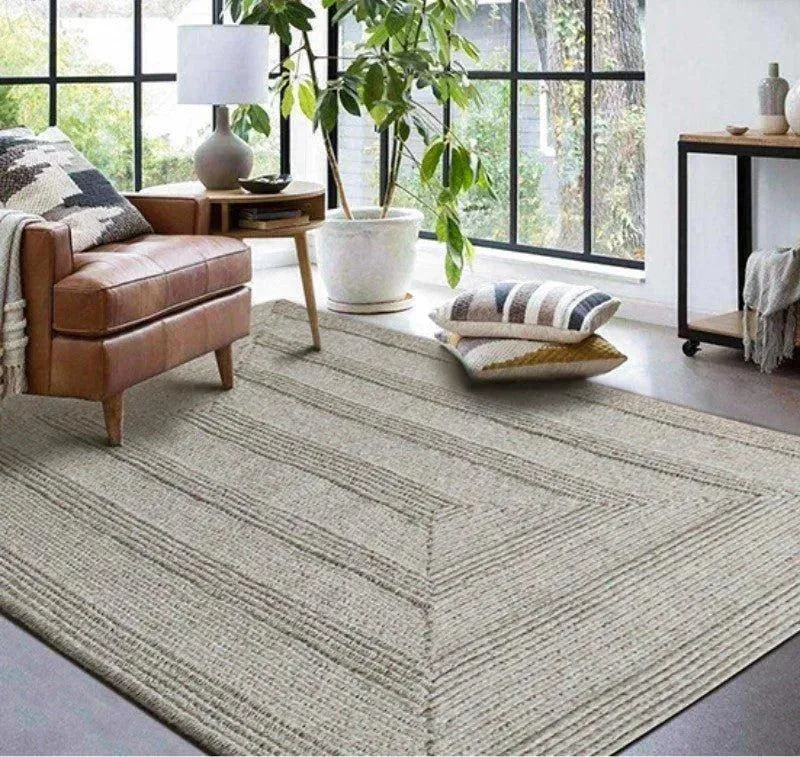 Minimal Natural Wool Rectangular Carpet | Hand Woven Living Room Bedroom Rug