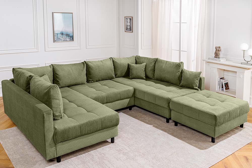 Moderne XXL Wohnlandschaft KENT 305cm grün Cord Bigsofa inkl. Hocker Federkern