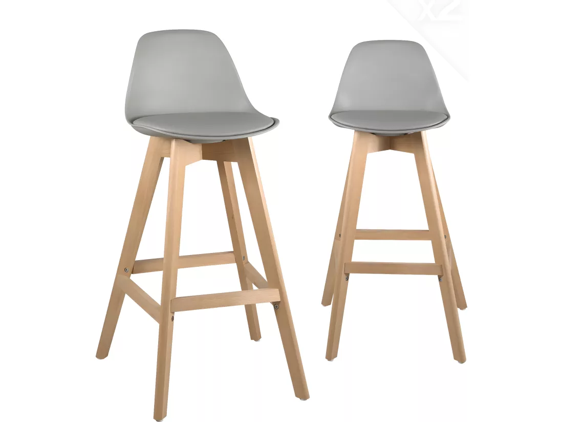 Lot 2 chaises de bar scandinaves hauteur 67cm dossier coussin simili pieds bois clair MALI (gris)