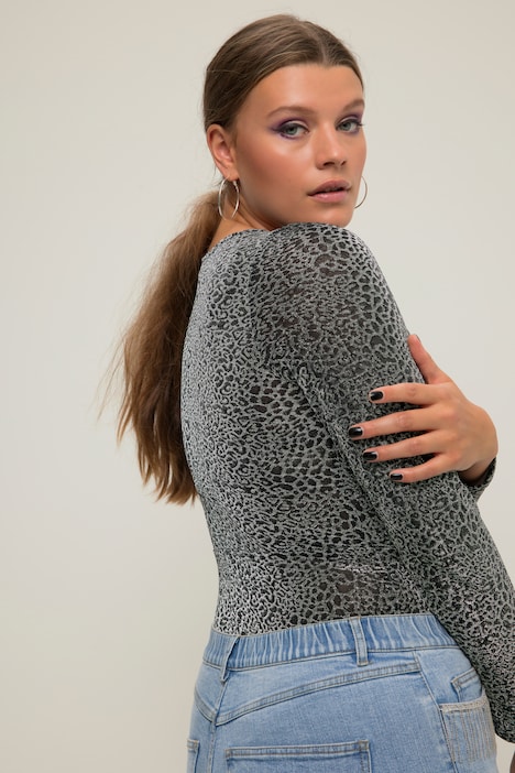 Body, Slim Shape, Leo mit Glitzer, V-Ausschnitt, Langarm
