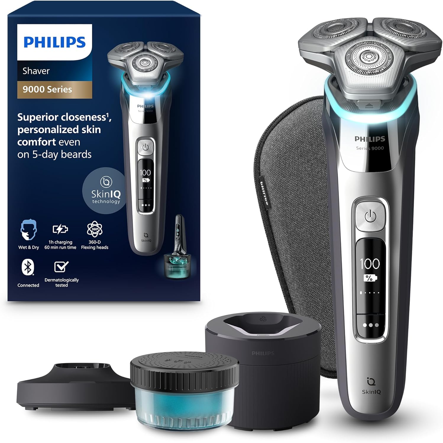 Philips Shaver S9000 – Elektrischer Nass-& Trockenrasierer für Männer, Dunkelchrom, Lift & Cut System, SkinIQ Technologie, Barttrimmer, Reinigungsstation, Ladestation & Reiseetui (Modell S9974/55)