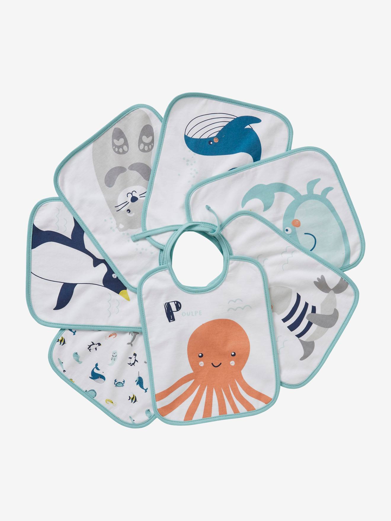 Conjunto de 7 babadores VERTBAUDET para bebês com animais marinhos, lisos, brancos com estampas.