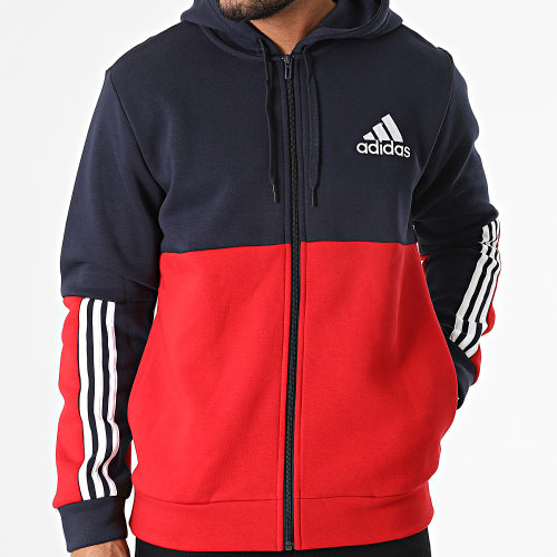 Sweat Zippé Capuche A Bandes HK2880 Rouge Bleu Marine Blanc